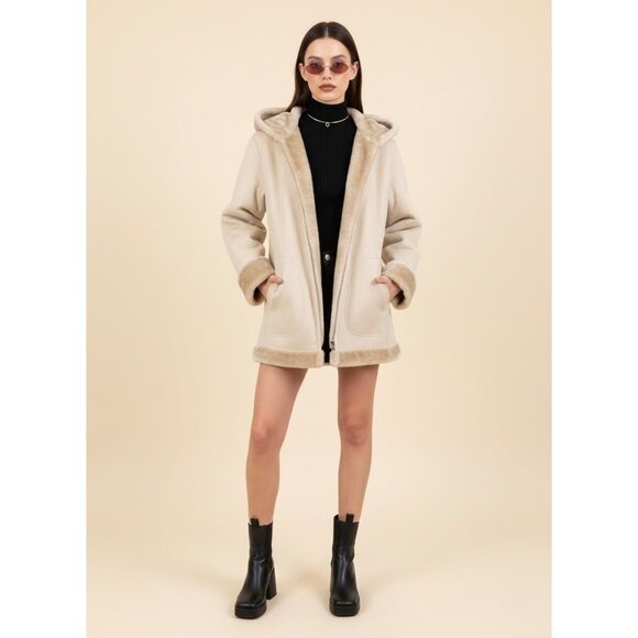 VTG 90s Penny Lane Esprit Faux Suede Shearling Hooded Coat | Mob Wife Whimsigoth - Picture 15 of 16